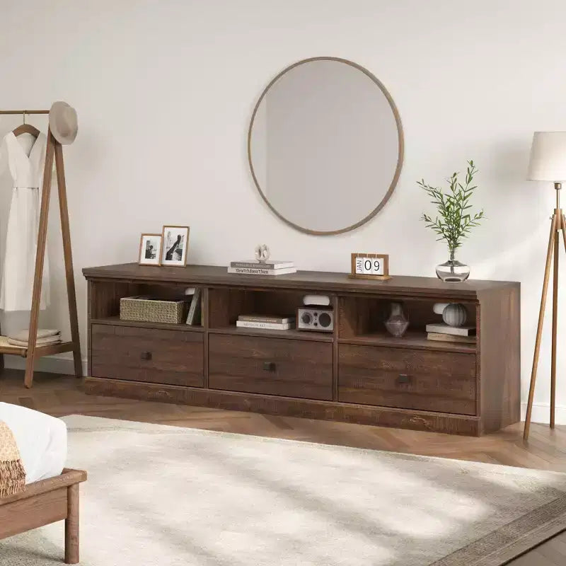 70" TV Stand, Mid Century Modern Entertainment Center with Storage Drawers and Open Shelves for Bedroom