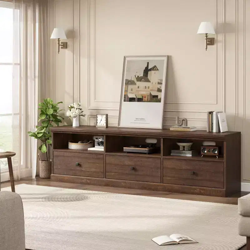 70" TV Stand, Mid Century Modern Entertainment Center with Storage Drawers and Open Shelves for Bedroom