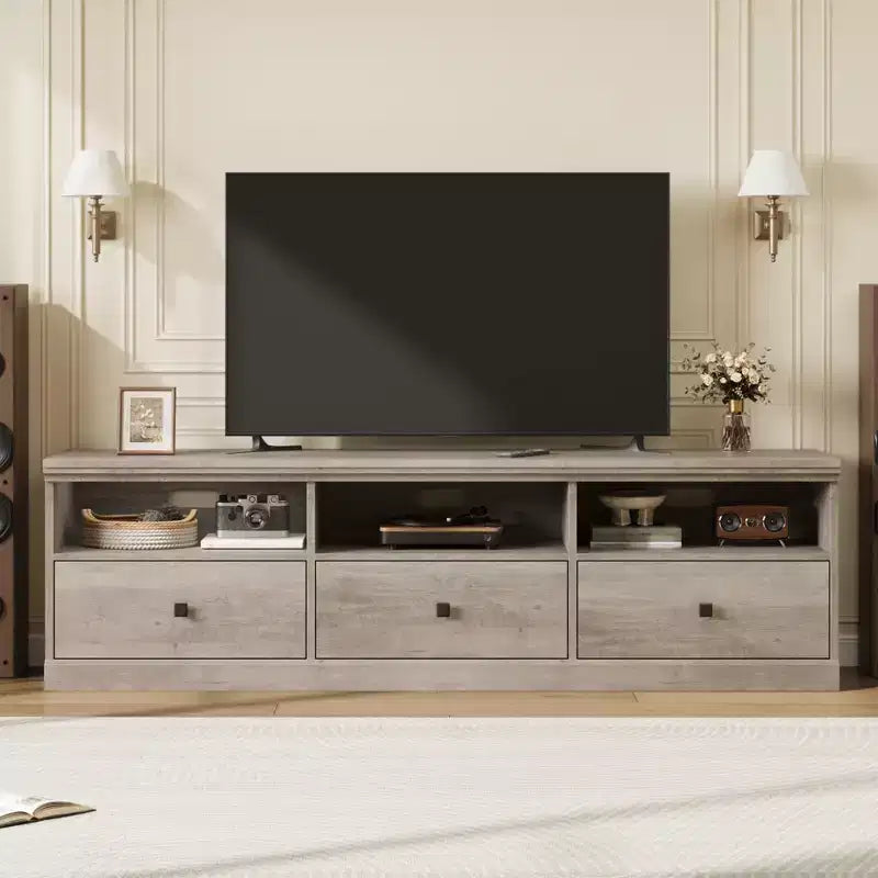 70" TV Stand, Mid Century Modern Entertainment Center with Storage Drawers and Open Shelves for Bedroom