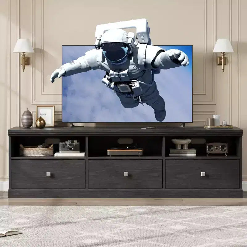 70" TV Stand, Mid Century Modern Entertainment Center with Storage Drawers and Open Shelves for Bedroom