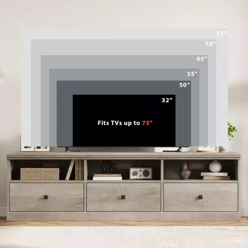 70" TV Stand, Mid Century Modern Entertainment Center with Storage Drawers and Open Shelves for Bedroom