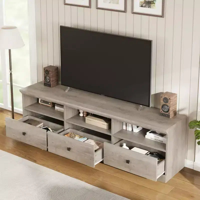 70" TV Stand, Mid Century Modern Entertainment Center with Storage Drawers and Open Shelves for Bedroom