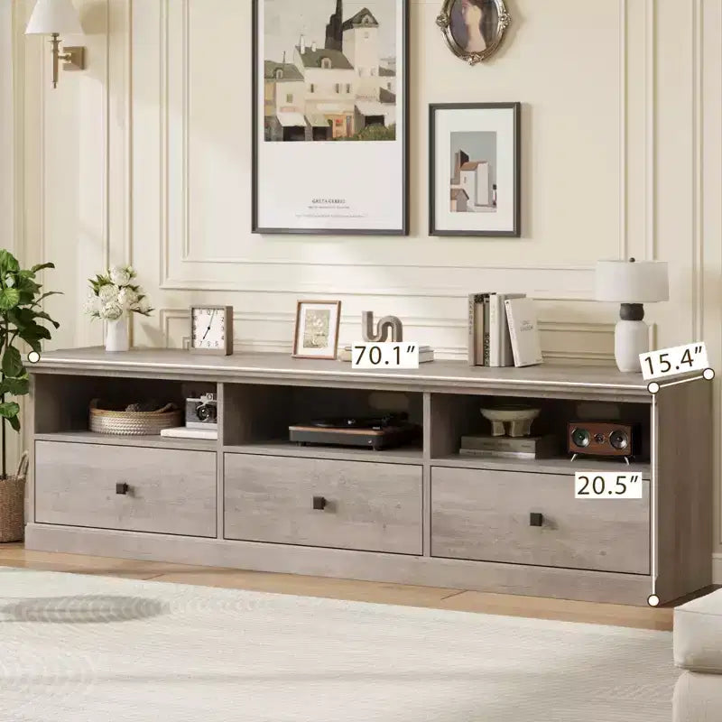 70" TV Stand, Mid Century Modern Entertainment Center with Storage Drawers and Open Shelves for Bedroom