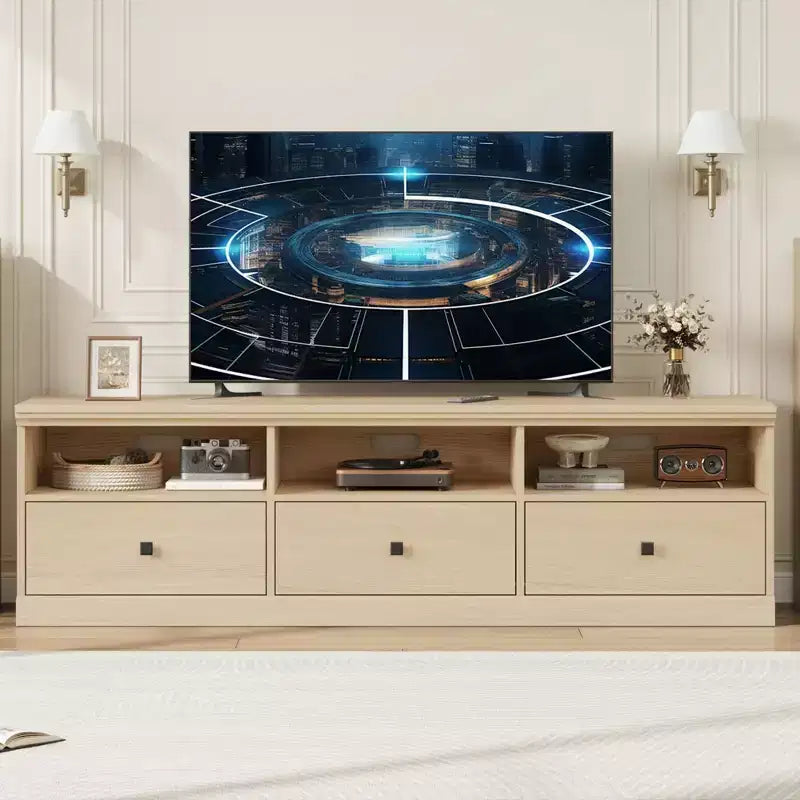 70" TV Stand, Mid Century Modern Entertainment Center with Storage Drawers and Open Shelves for Bedroom