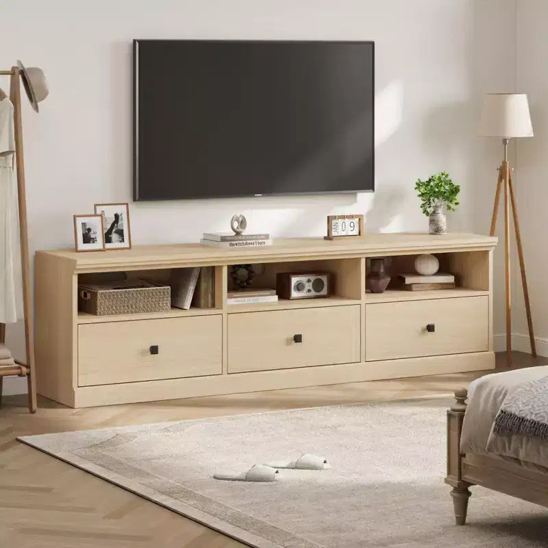 70" TV Stand, Mid Century Modern Entertainment Center with Storage Drawers and Open Shelves for Bedroom