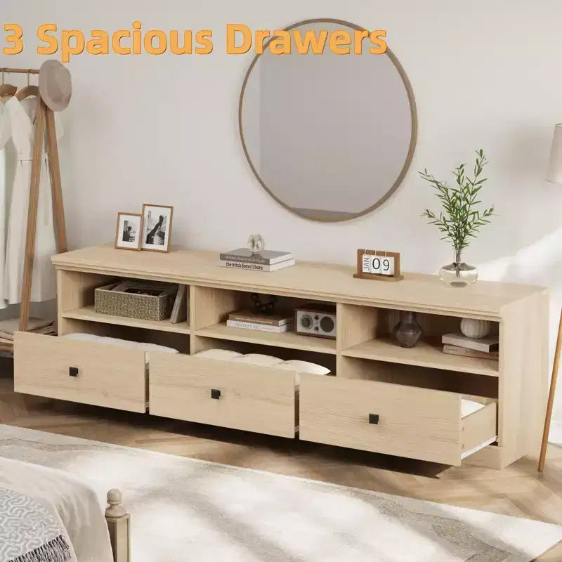 70" TV Stand, Mid Century Modern Entertainment Center with Storage Drawers and Open Shelves for Bedroom