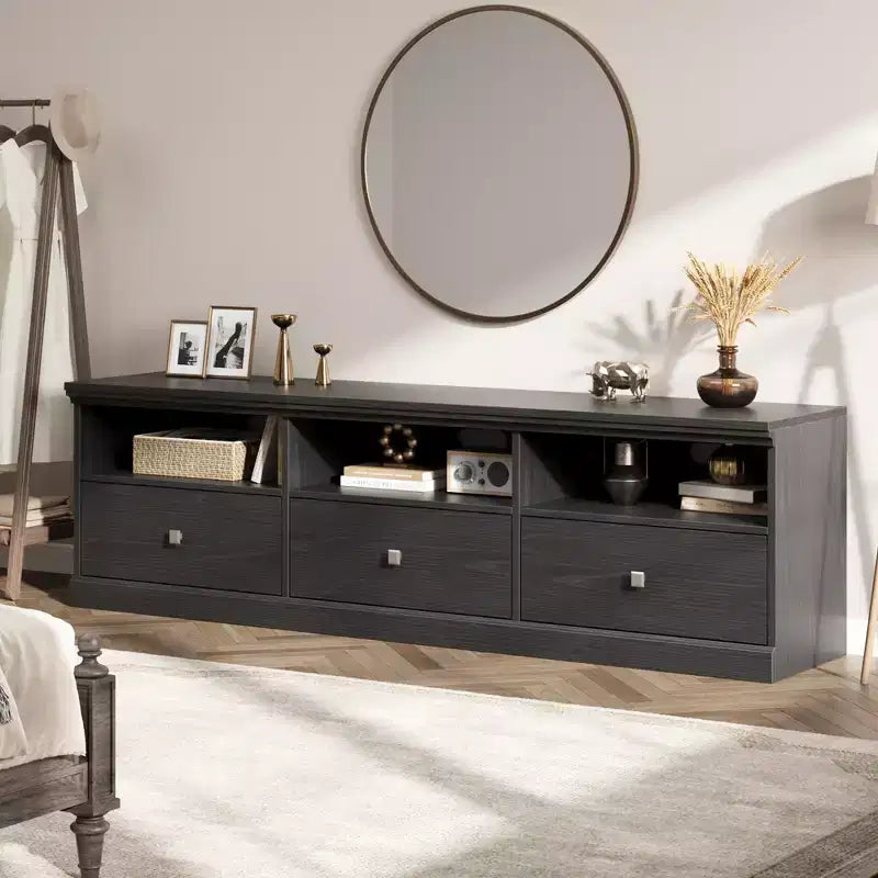 70" TV Stand, Mid Century Modern Entertainment Center with Storage Drawers and Open Shelves for Bedroom