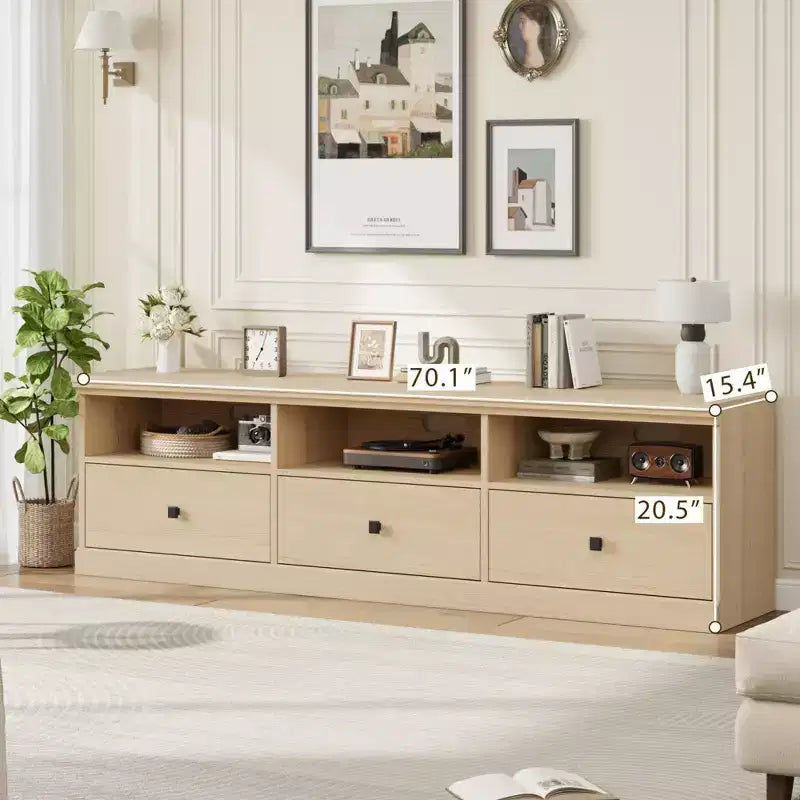 70" TV Stand, Mid Century Modern Entertainment Center with Storage Drawers and Open Shelves for Bedroom