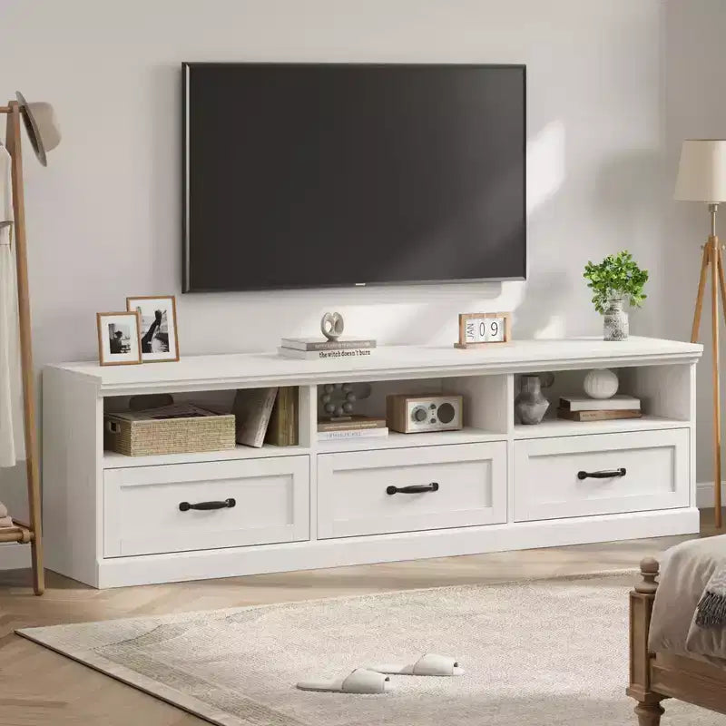 70" TV Stand, Mid Century Modern Entertainment Center with Storage Drawers and Open Shelves for Bedroom