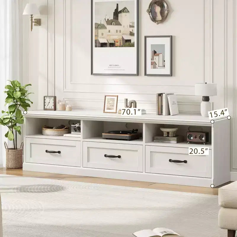 70" TV Stand, Mid Century Modern Entertainment Center with Storage Drawers and Open Shelves for Bedroom
