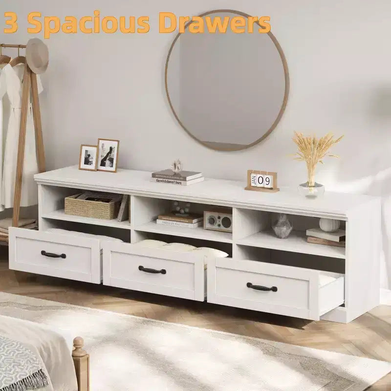 70" TV Stand, Mid Century Modern Entertainment Center with Storage Drawers and Open Shelves for Bedroom