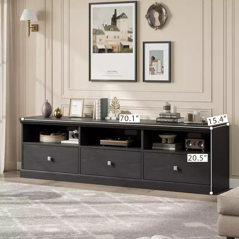 70" TV Stand, Mid Century Modern Entertainment Center with Storage Drawers and Open Shelves for Bedroom