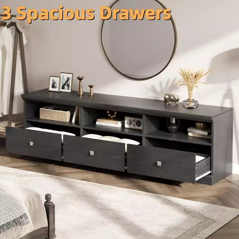 70" TV Stand, Mid Century Modern Entertainment Center with Storage Drawers and Open Shelves for Bedroom