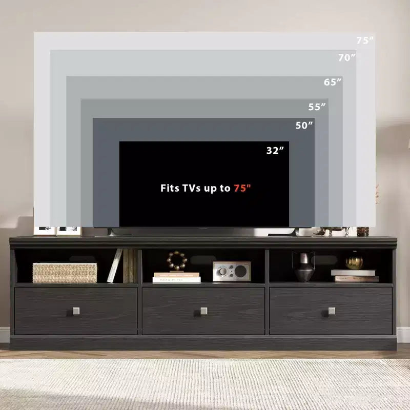 70" TV Stand, Mid Century Modern Entertainment Center with Storage Drawers and Open Shelves for Bedroom
