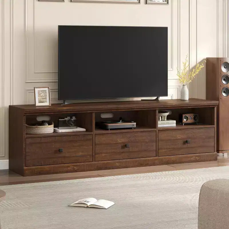 70" TV Stand, Mid Century Modern Entertainment Center with Storage Drawers and Open Shelves for Bedroom