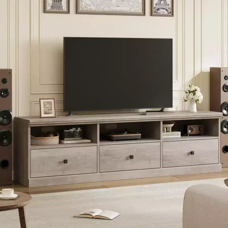 70" TV Stand, Mid Century Modern Entertainment Center with Storage Drawers and Open Shelves for Bedroom