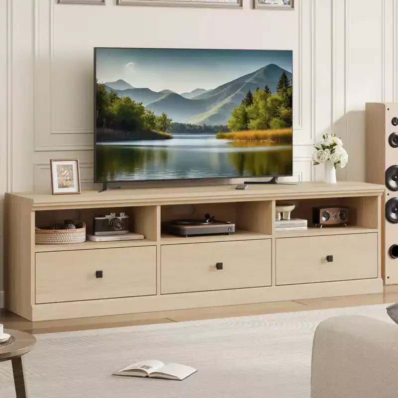 70" TV Stand, Mid Century Modern Entertainment Center with Storage Drawers and Open Shelves for Bedroom