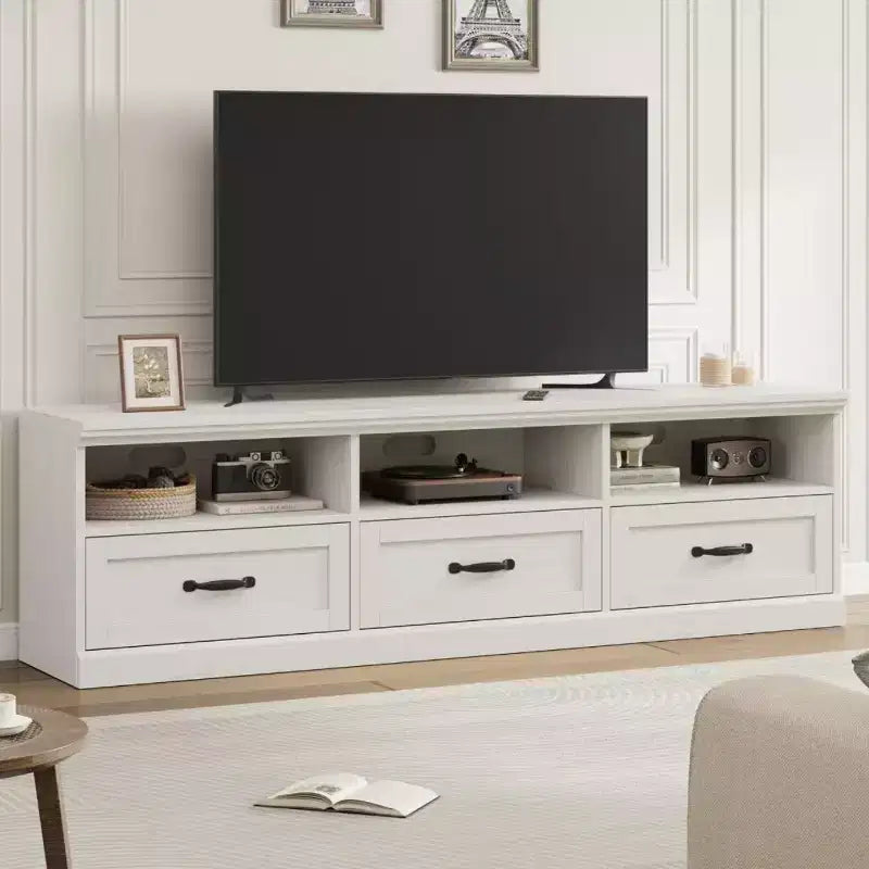 70" TV Stand, Mid Century Modern Entertainment Center with Storage Drawers and Open Shelves for Bedroom