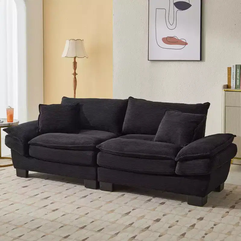 Corduroy Loveseat, Upholstered Deep Seat Sofa with Pillows for Bedroom, Living Room, Office, Black