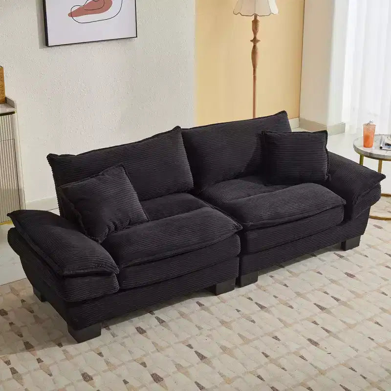 Corduroy Loveseat, Upholstered Deep Seat Sofa with Pillows for Bedroom, Living Room, Office, Black