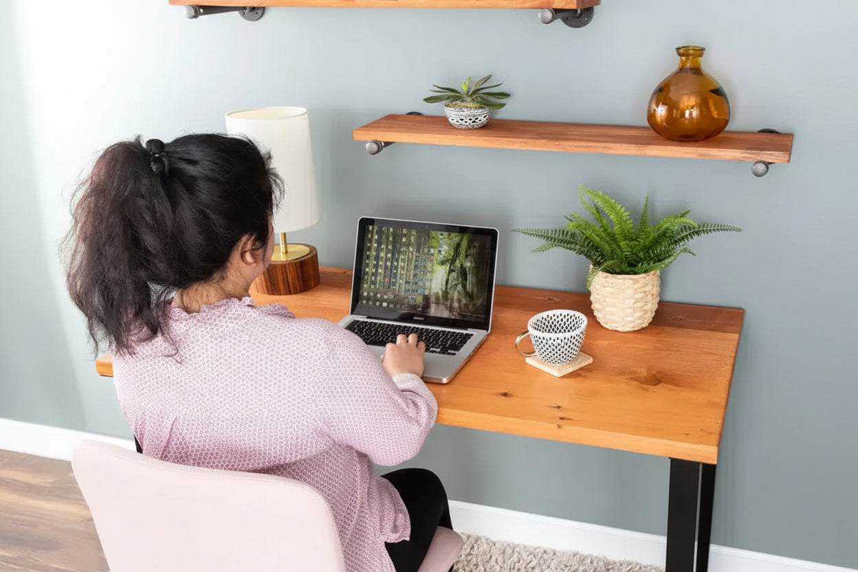 Cedar Solid Wood Desk with 28" High-Rise Metal Legs, 48x24 inches