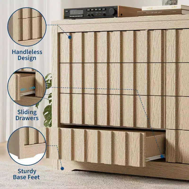 Fluted Dresser for Bedroom, Modern Wooden Chest of Drawers, Handleless Closet Organizer with Deep Storage