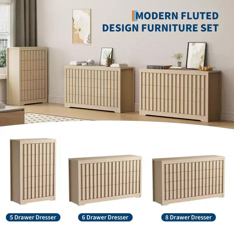 Fluted Dresser for Bedroom, Modern Wooden Chest of Drawers, Handleless Closet Organizer with Deep Storage
