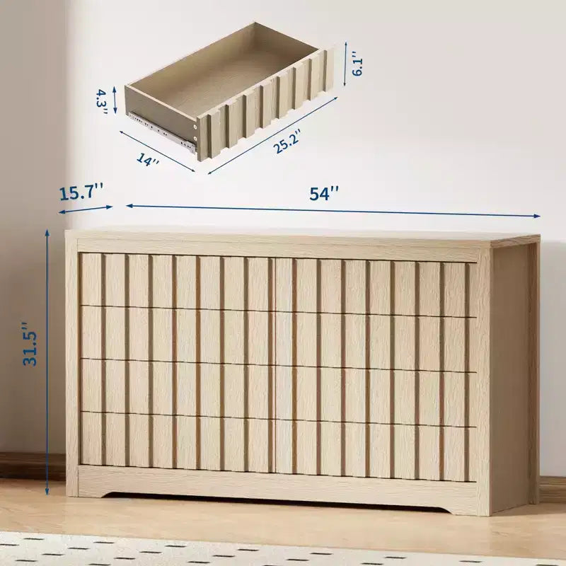 Fluted Dresser for Bedroom, Modern Wooden Chest of Drawers, Handleless Closet Organizer with Deep Storage