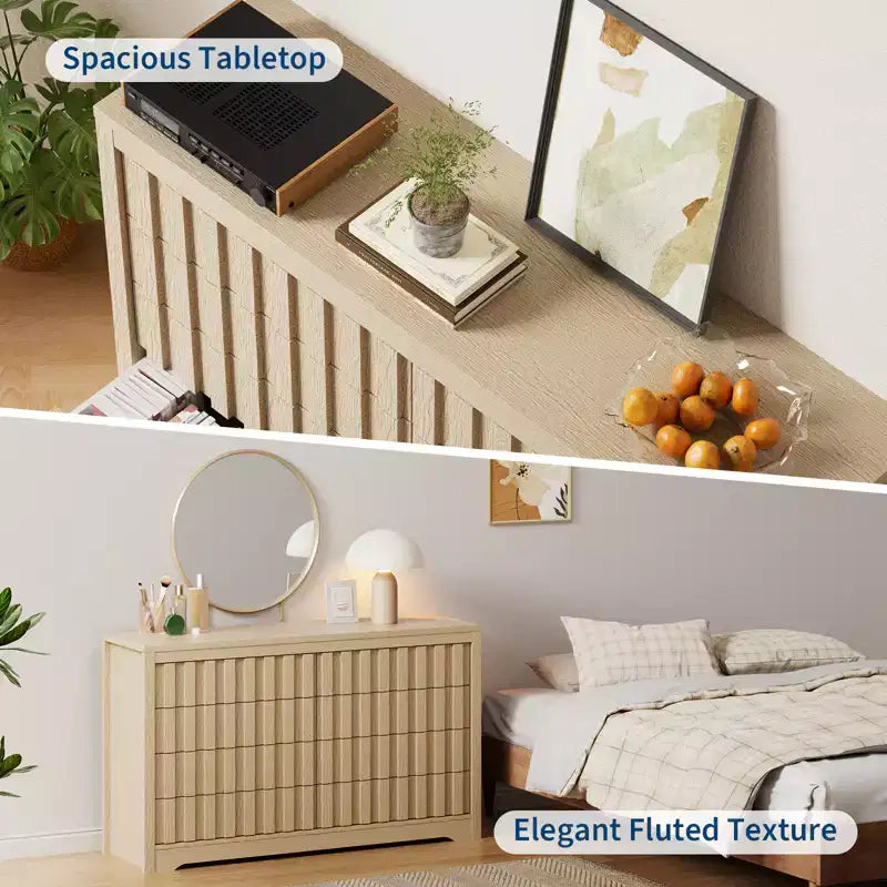 Fluted Dresser for Bedroom, Modern Wooden Chest of Drawers, Handleless Closet Organizer with Deep Storage