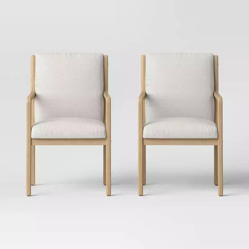 Wood Arm Dining Chair, Cream Upholstery with Natural Wood Frame, Set of 2