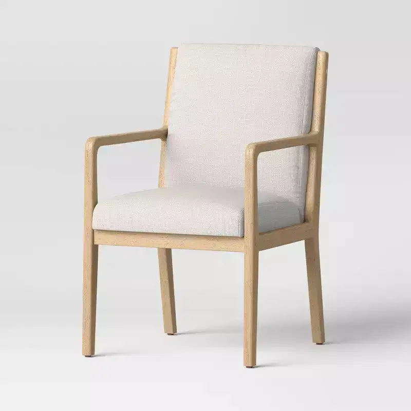 Wood Arm Dining Chair, Cream Upholstery with Natural Wood Frame, Set of 2