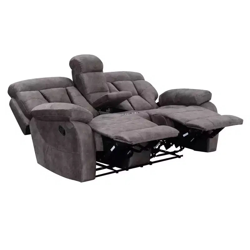Upholstered Console Loveseat with Recliner, Cup Holders, and Storage, Mushroom Flannel
