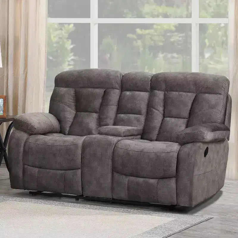 Upholstered Console Loveseat with Recliner, Cup Holders, and Storage, Mushroom Flannel