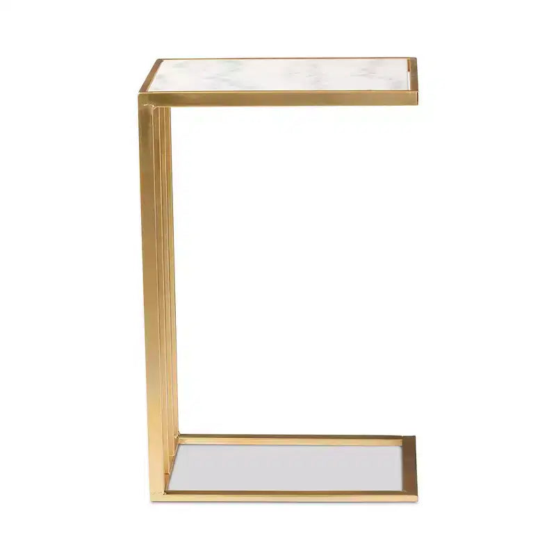 Metal C-Shaped End Table with Marble Tabletop, Gold