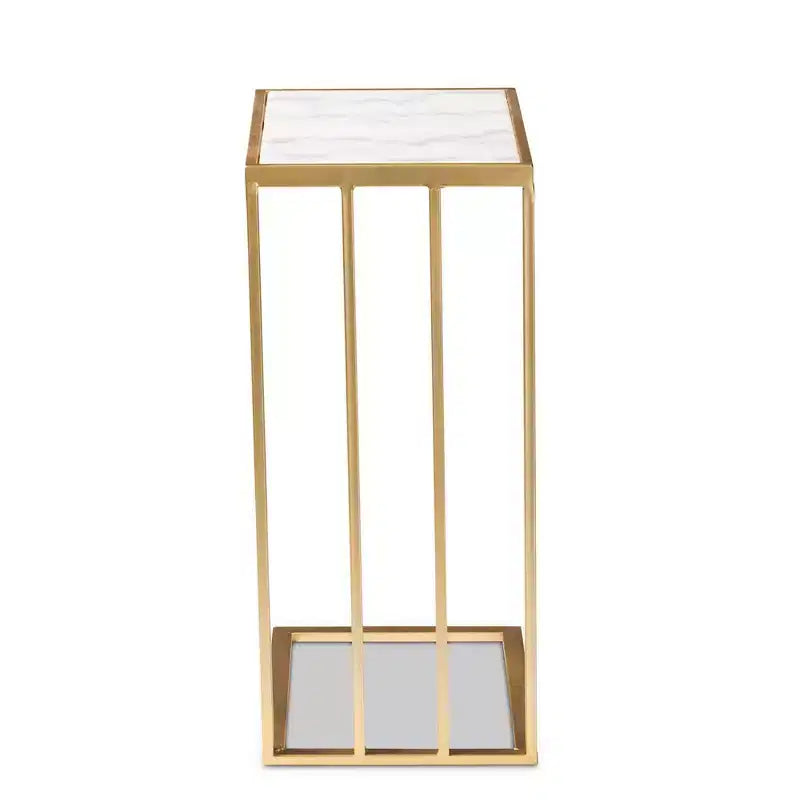Metal C-Shaped End Table with Marble Tabletop, Gold