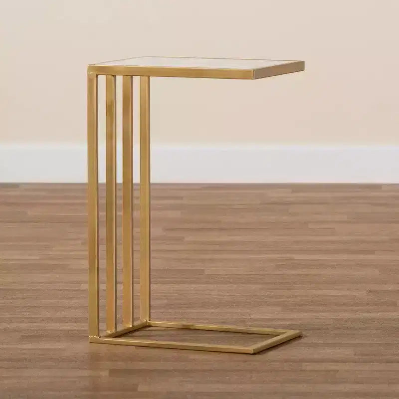 Metal C-Shaped End Table with Marble Tabletop, Gold