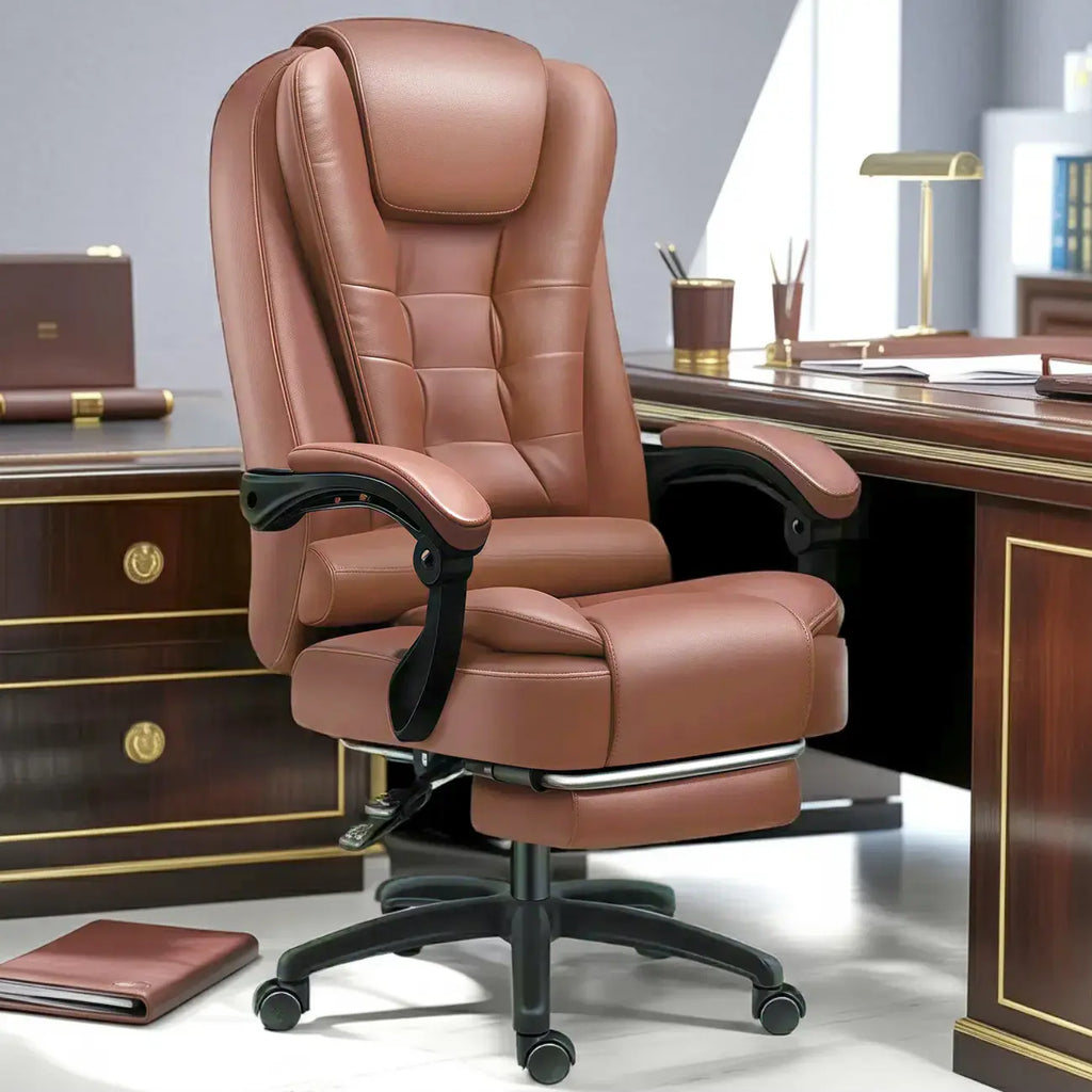 Chaise de bureau pivotante ergonomique en cuir noir avec repose-pieds