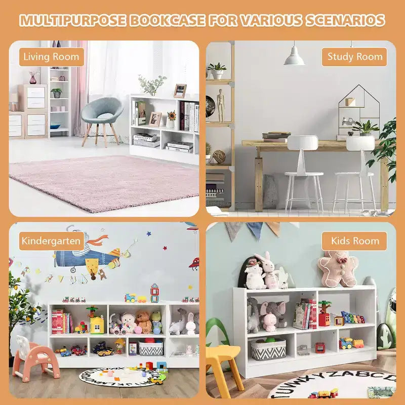 Kids 2-Shelf Bookcase, 5-Cube Wood Toy Storage Cabinet Organizer, White