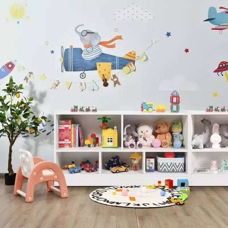 Kids 2-Shelf Bookcase, 5-Cube Wood Toy Storage Cabinet Organizer, White