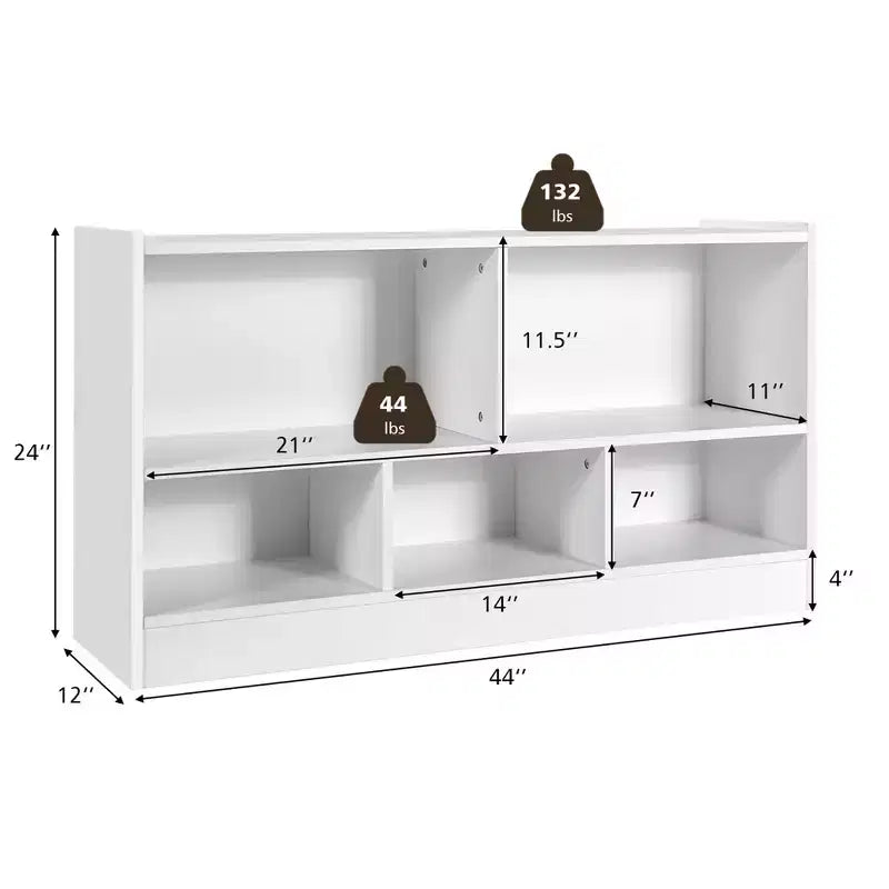 Kids 2-Shelf Bookcase, 5-Cube Wood Toy Storage Cabinet Organizer, White