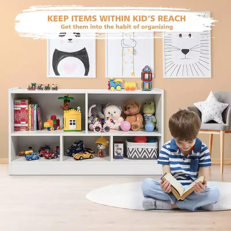 Kids 2-Shelf Bookcase, 5-Cube Wood Toy Storage Cabinet Organizer, White