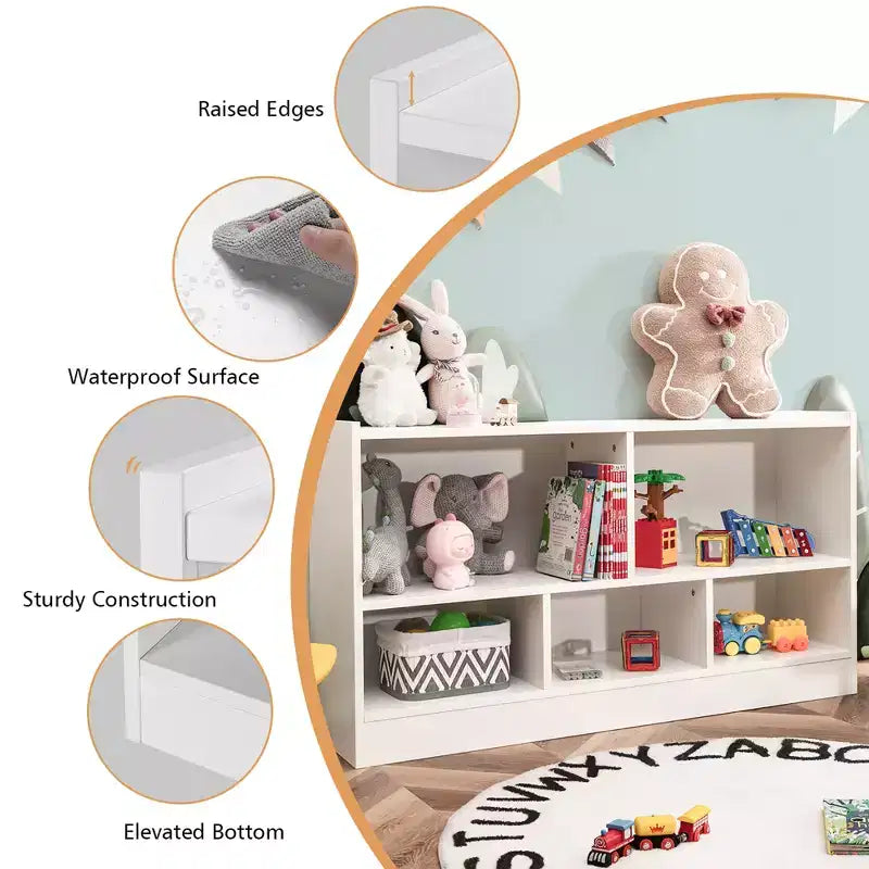 Kids 2-Shelf Bookcase, 5-Cube Wood Toy Storage Cabinet Organizer, White
