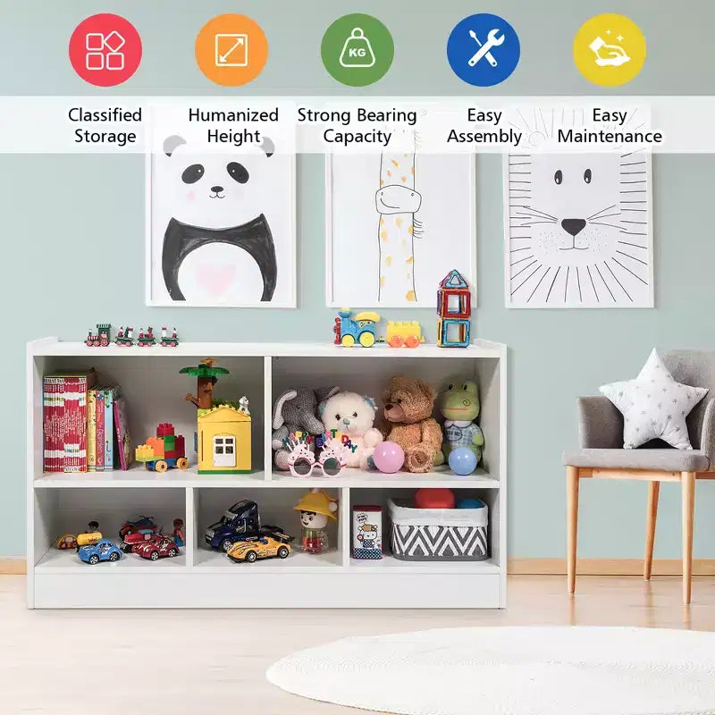 Kids 2-Shelf Bookcase, 5-Cube Wood Toy Storage Cabinet Organizer, White