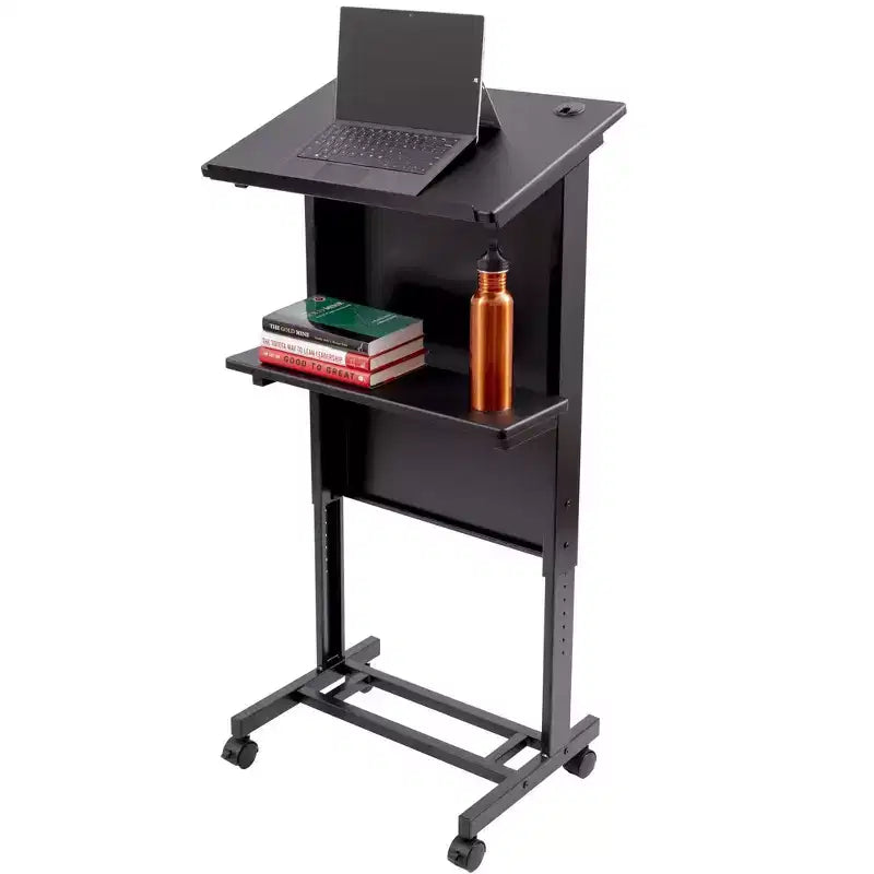 Mobile Adjustable Height Rolling Lectern Podium with Heavy Duty Steel Frame