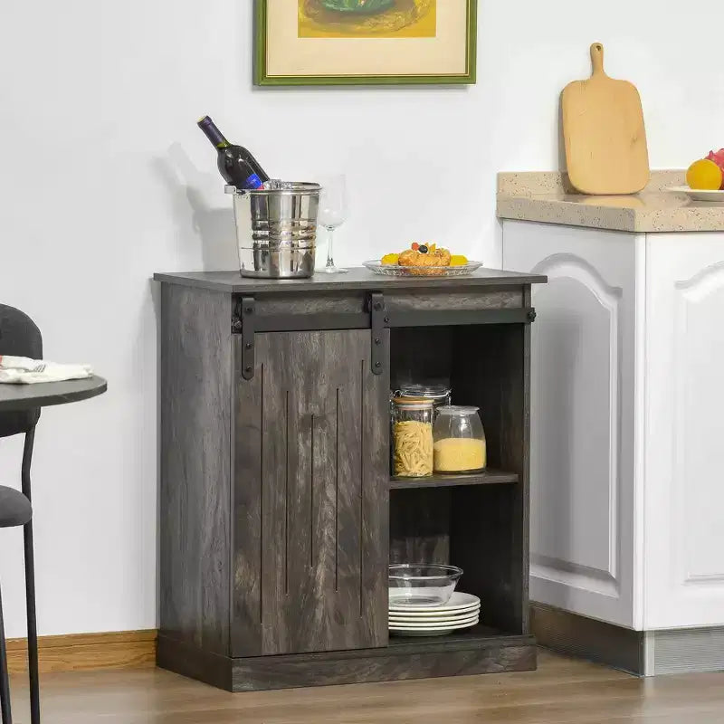 Industrial Sideboard Storage Cabinet with Sliding Barn Door and 6-Bottle Wine Rack