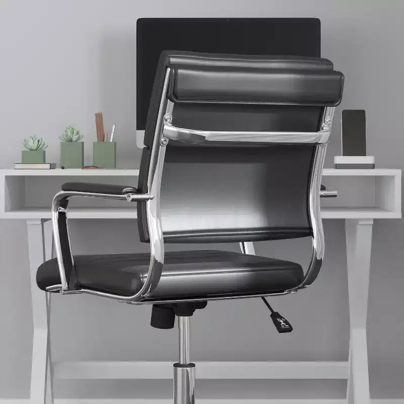 Ergonomic Swivel Office Chair, Panel Style Mid-Back with Padded Metal Arms & Base