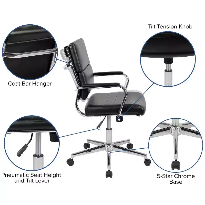 Ergonomic Swivel Office Chair, Panel Style Mid-Back with Padded Metal Arms & Base