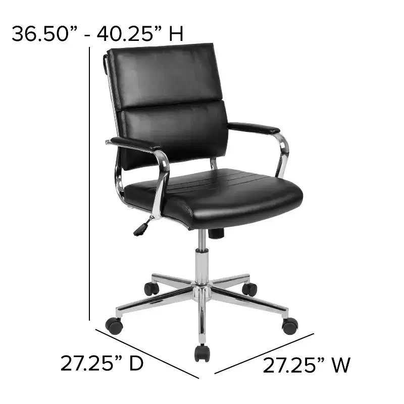 Ergonomic Swivel Office Chair, Panel Style Mid-Back with Padded Metal Arms & Base