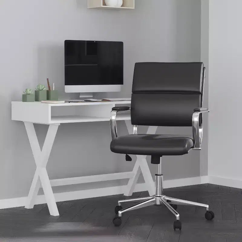 Ergonomic Swivel Office Chair, Panel Style Mid-Back with Padded Metal Arms & Base