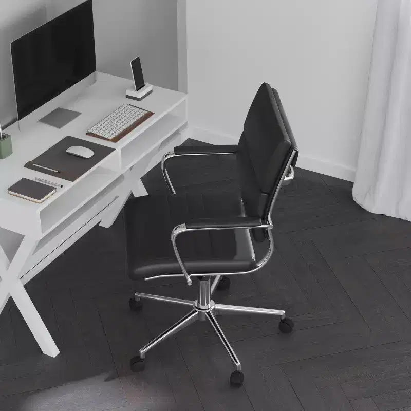 Ergonomic Swivel Office Chair, Panel Style Mid-Back with Padded Metal Arms & Base